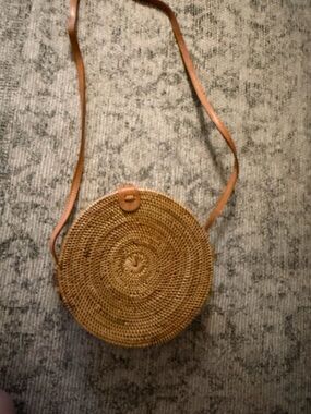 Amazon Woven Round Crossbody Bag in Brown